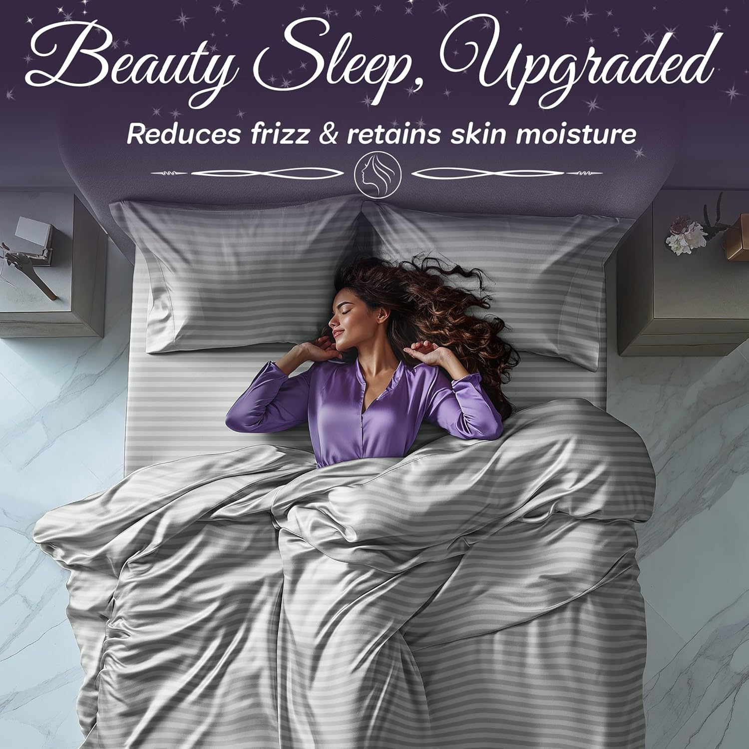 SLEEP SANCTUARY Satin Sheets King Size – 4 Piece Luxury Silky Bed Set, Softer Than Silk, 15 Deep Pocket, Cooling & Wrinkle-Free, Moisture-Wicking & Breathable for Hair & Skin (Striped Grey)